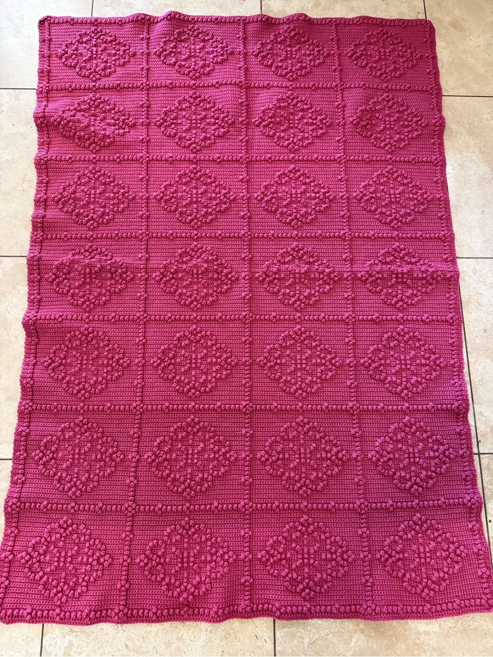 Handmade Dark Pink Bobble Crochet Afghan Baby Blanket Tightly Woven 58x39”